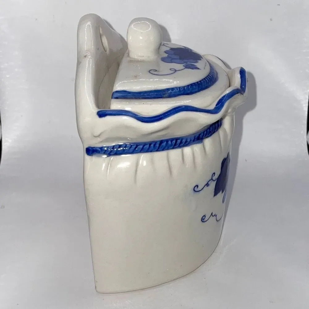 Vintage Tea Jar Hanging Wall Pocket Canister Blue White Ceramic Grape Hand Paint